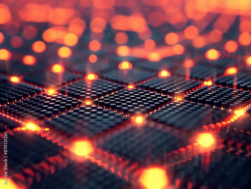 Poster abstract digital grid with glowing orange lights, creating a futuristic, cyberpunk atmosphere. ideal