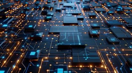 Obraz premium A futuristic digital circuit board with interconnected microchips and illuminated pathways, symbolizing advanced technology and innovation.