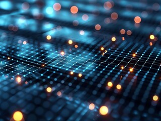 Fototapeta premium Abstract digital background with glowing lights and grid pattern, representing futuristic technology and data visualization.