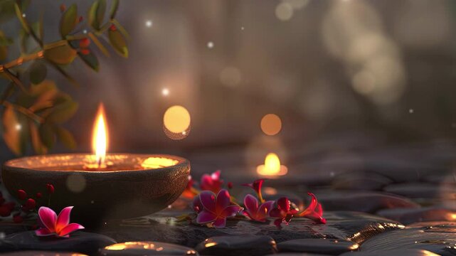 flat way dilwali lamp wit some flower and stone background