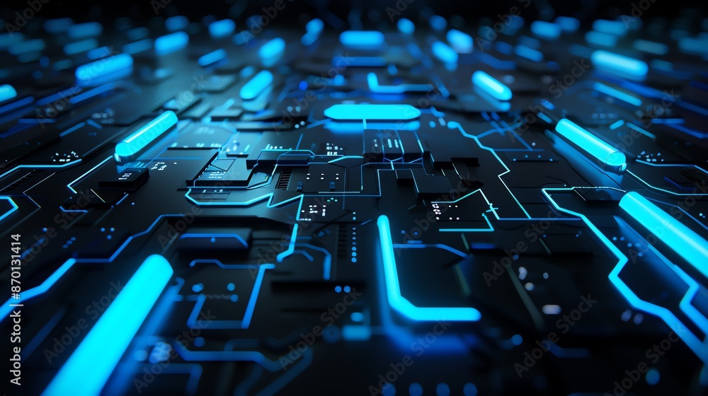 Poster futuristic electronic circuit board with glowing blue lights and intricate patterns, representing ad