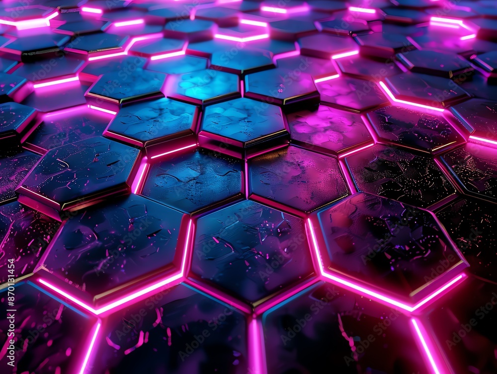 Poster futuristic glowing hexagonal pattern with neon lights in vibrant colors, perfect for digital backgro
