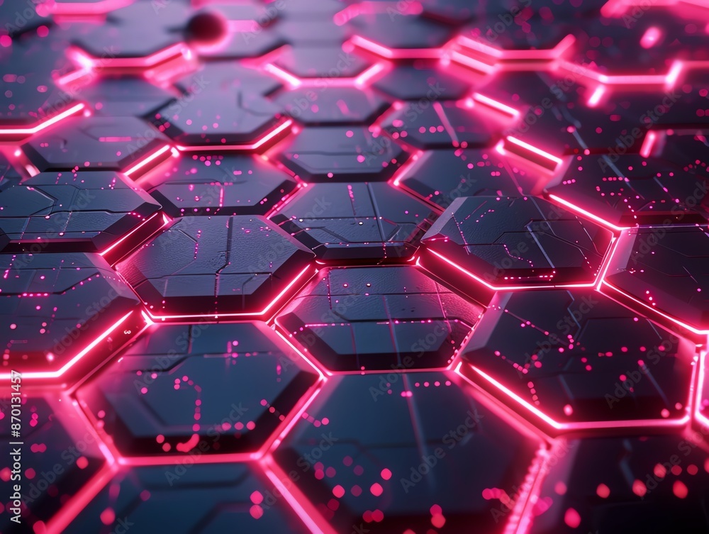 Poster futuristic glowing hexagonal pattern with neon pink light effects, representing advanced technology 