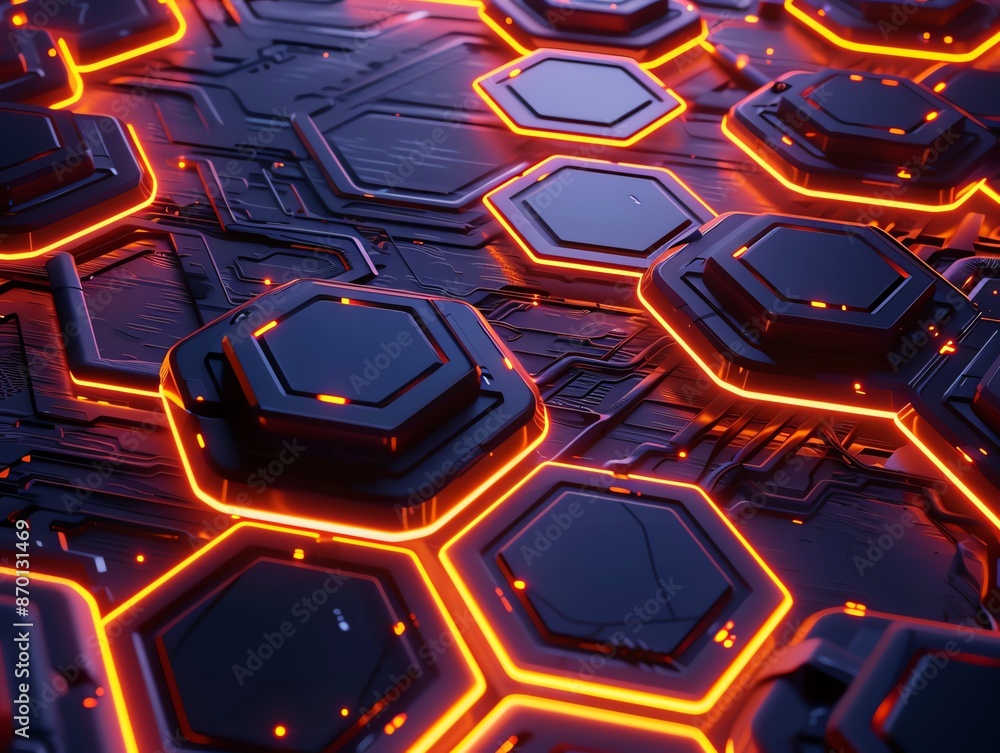 Poster futuristic hexagonal cyber grid with glowing neon lights, showcasing advanced technology and digital