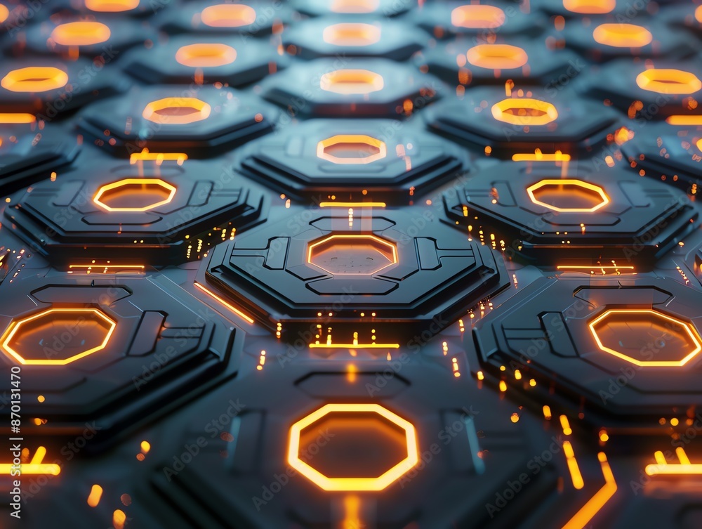 Poster futuristic hexagonal pattern sci-fi background with glowing orange lights. ideal for tech, innovatio