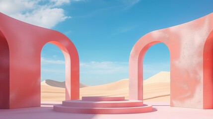 Naklejka premium 3D Render: Pastel Landscape with Arches and Product Podium in Surreal Style