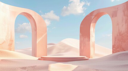 Fototapeta premium Surreal Pastel Landscape with Arches and Product Podium: 3D Render