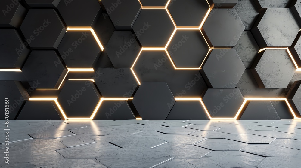 Poster modern abstract hexagonal wall with glowing light accents and futuristic design. grey floor creating