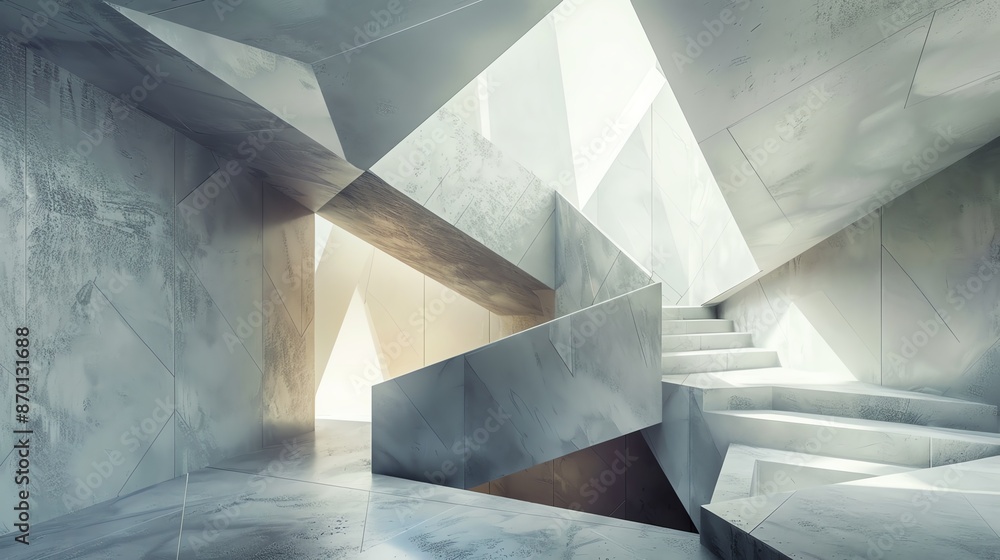 Poster modern abstract architectural design with geometric shapes and light interplay, featuring stark conc