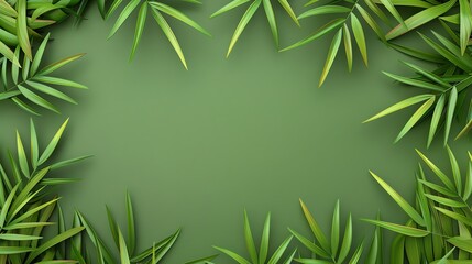 Fototapeta premium Green bamboo leaves forming a frame against a green background. Perfect for nature-themed designs, backgrounds, and creative projects.