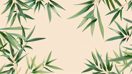 Obraz premium Minimalist bamboo leaf frame on a soft beige background, perfect for nature-themed, relaxing, or Asian-inspired designs and presentations.