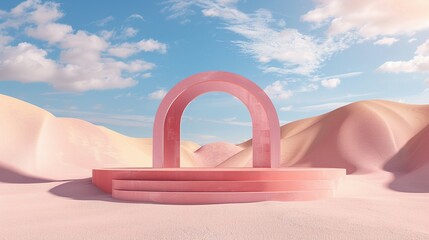 3D Render: Pastel Landscape with Arches and Product Podium in Surreal Style