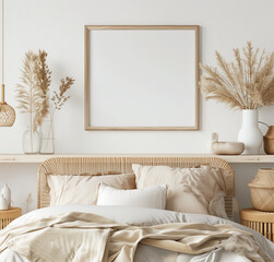 An interior mockup of a Scandinavian bedroom with a blank wooden frame poster, a white wall background, and natural material decor elements