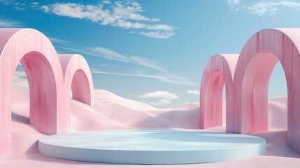 Arches and Product Podium in Abstract Surreal Pastel Landscape: 3D Render