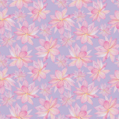 Lotus flowers are pink. Seamless pattern on a lilac background. Hand drawn watercolor illustration. For design, fabrics, textiles, wallpaper, prints, wrapping paper