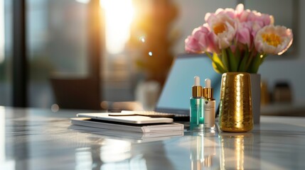 Elegant Workspace with Golden Vase and Skincare Products on Marble Desk in Sunlit Modern Office