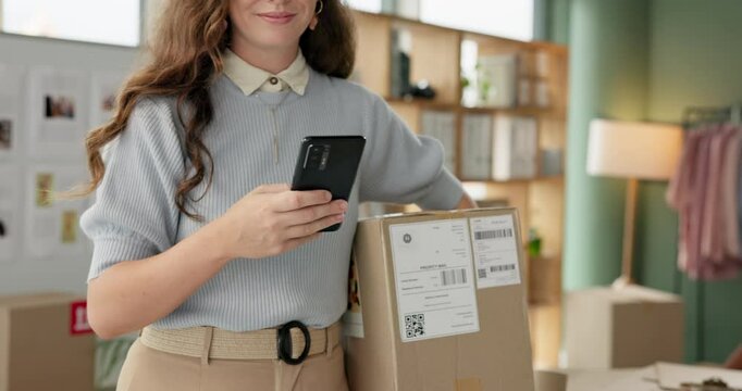 Fashion designer, phone and package for courier service, delivery and logistics in startup office or small business. Woman or seller reading and typing on mobile app or e commerce with box for order