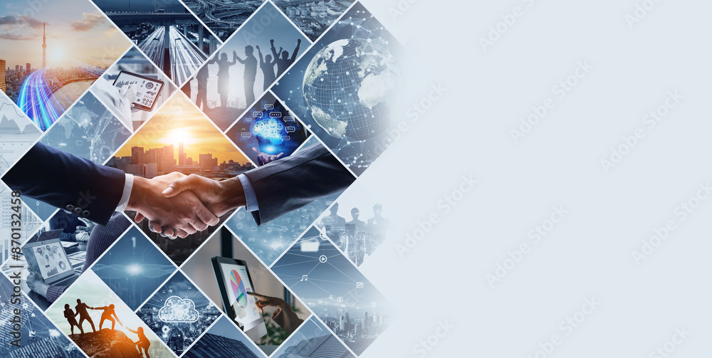 Aufkleber collage background visual of various business scenes and technology concepts. management strategy. d