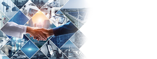 Collage background visual of the concept of fusion of industry and science. Research and...