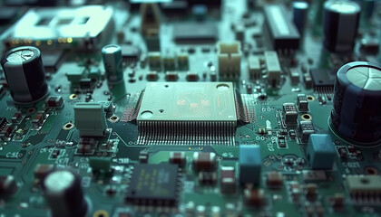 a detailed view of an electronic board with various components such as circuit boards, crystals, and chips
