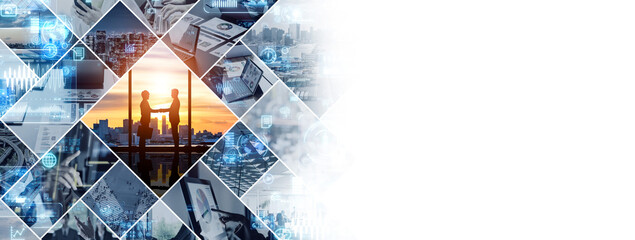 Collage background visual of various business scenes and technology concepts. Management strategy. Digital transformation.