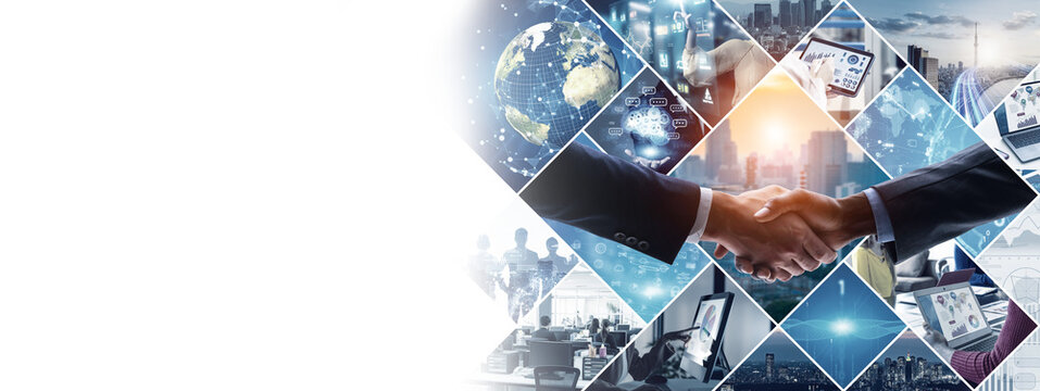Collage background visual of various business scenes and technology concepts. Management strategy. Digital transformation.