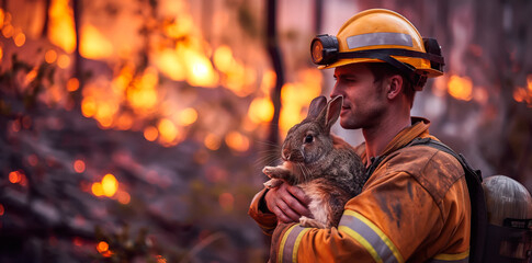 Obraz premium A firefighter cradles a rescued rabbit, soot and sweat marking his face. The concept of bravery, compassion, and heroism in emergency situations. Generative AI.