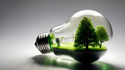 eco light bulb, environment green renewable energy with tree and wind turbine sustainable