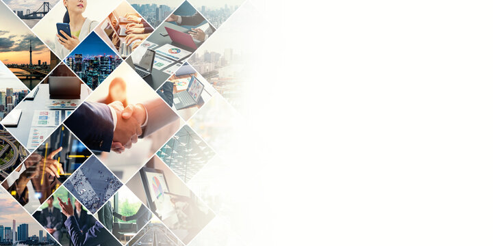 Collage background visual of various business scenes. Management strategy.