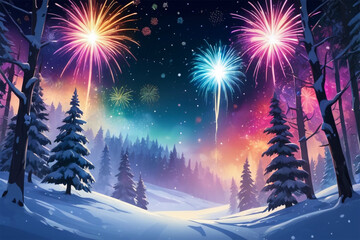 Snowy Forest Landscape with Colorful Fireworks and Text Space