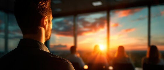 Businessman Observing Sunset in Modern Office with Colleagues in Background