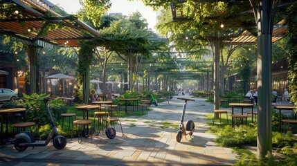 A city center with green plazas, electric scooters, and cafes with outdoor seating under shaded pergolas.