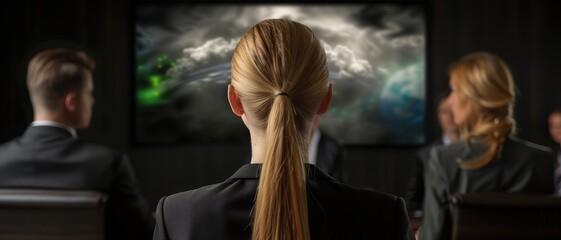 Obraz premium Business Professionals Watching a Presentation in a Modern Conference Room with a Large Screen Display