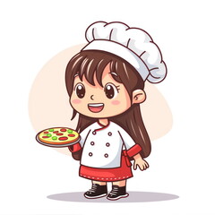 Cartoon character of cute little girl hold pizza,wear chef uniform, white background, vector...