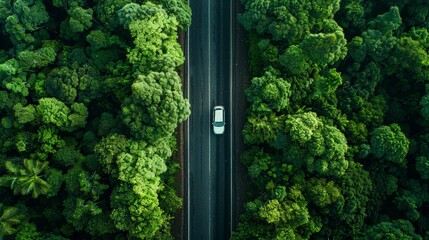 Tranquil Drive Through Lush Green Forest Canopy - Aerial View of Car on Asphalt Road Surrounded by Trees