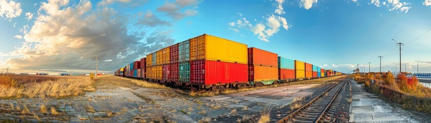 Obraz premium Efficient Freight Train Transporting Cargo Containers Illustrating Distribution Logistics
