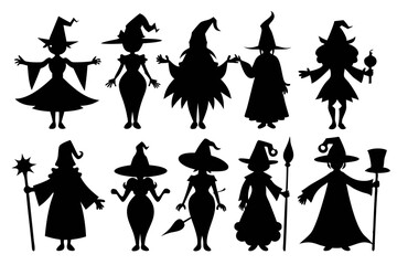 Halloween witch set. Black silhouette Halloween witch vector illustration, set of halloween witches