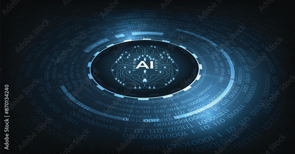 Aufkleber Electronic brain and Concept of artificial intelligence(AI).Graphic of a digital brain and Human head outline made from circuit board, connecting on a dark blue background.	