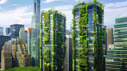A city skyline with green skyscrapers featuring vertical gardens and energy-efficient building materials.
