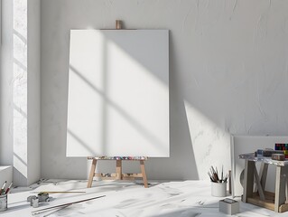 Blank Canvas on Easel in Artist Studio.