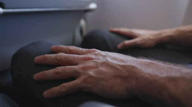 stress on plane. afraid of flying. close up of hands on knees during a flight. Man scared or stressed due to the fly. Aerophobia extreme fear of flying. Intense anxiety before or during a flight. 