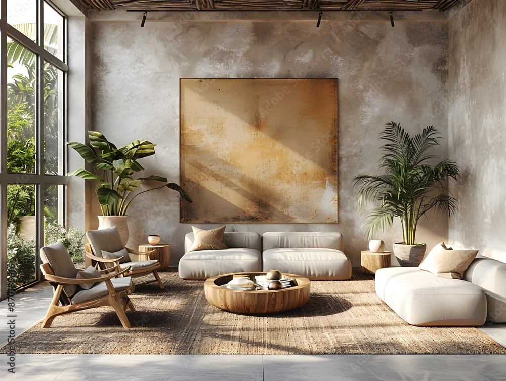 Poster Mesmerizing 3D rendered wall poster mockup with a dynamic composition of abstract expressionist brushstrokes in a muted earthy palette