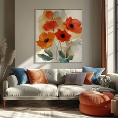 Elegant Abstract Floral Wall Art Poster Mockup with Soothing Pastel Color Palette and Loose Brushstrokes Creating a Calming and Tranquil Ambiance for Modern Home Interiors