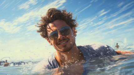 Cool man enjoying the summer sea.
