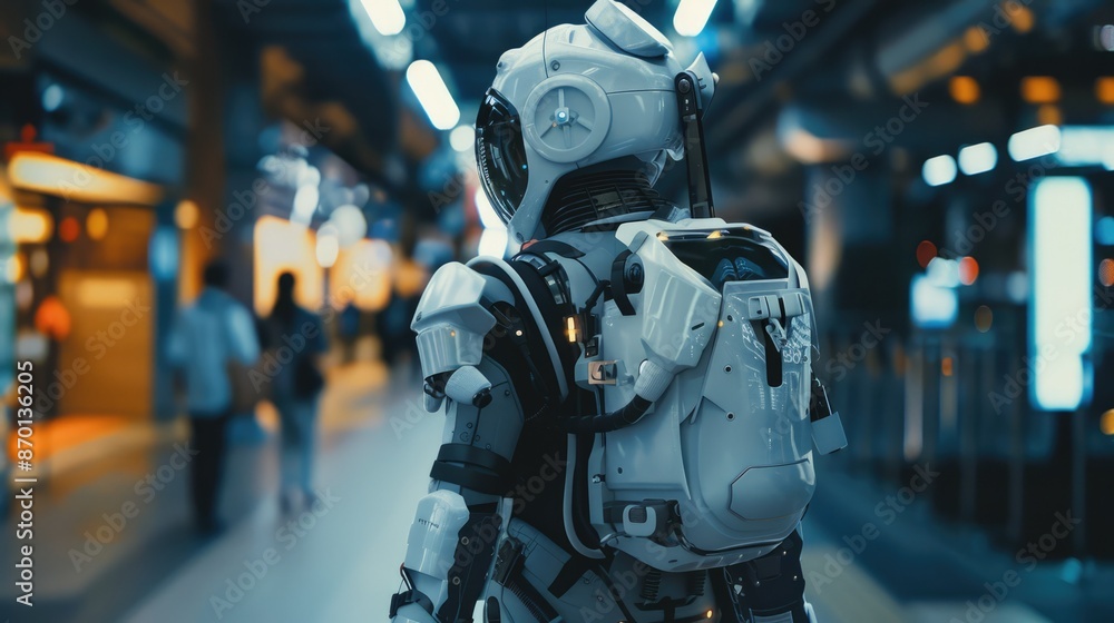 Aufkleber an engineer in hightech exoskeleton and vr headset works in futuristic lab surrounded by advanced eq