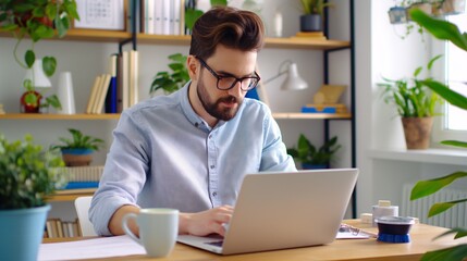 Obraz premium a professional working from home. The scene includes a person sitting at a desk with a laptop, a notebook, and a coffee cup, in a stylish home office
