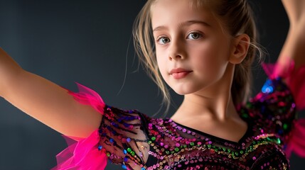 Fototapeta premium A young girl in a pink and black dance costume performing a pose in a studio setting. 