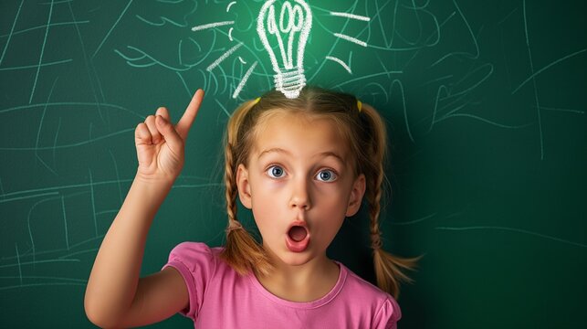 A young girl with a surprised expression pointing upwards, with a lightbulb drawing above his head, symbolizing an idea.
