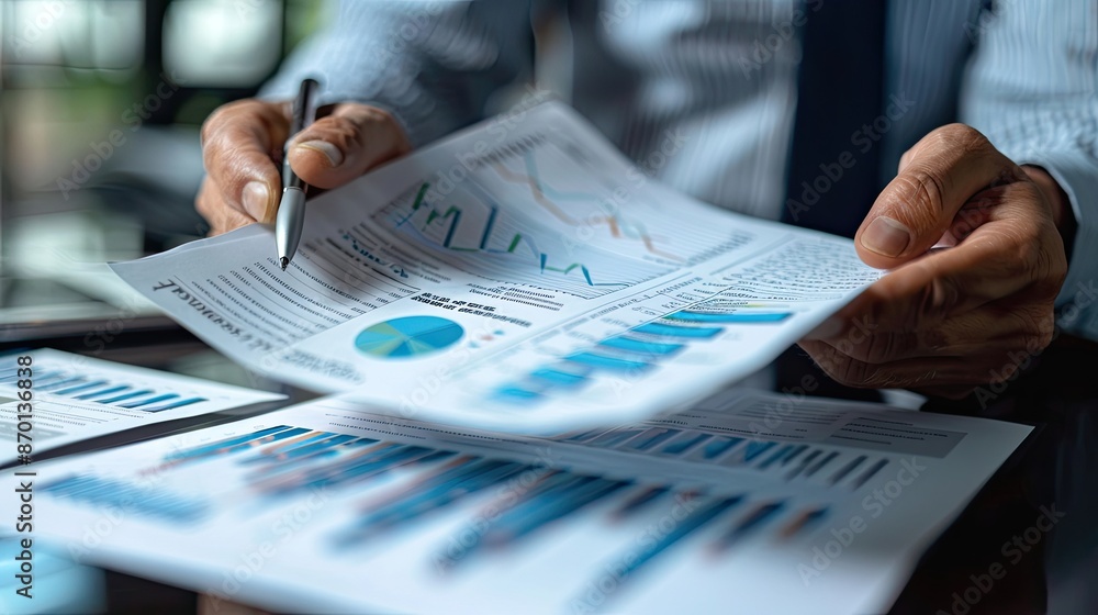 Poster a close-up of a person analyzing financial reports with graphs and charts, holding a pen for making 