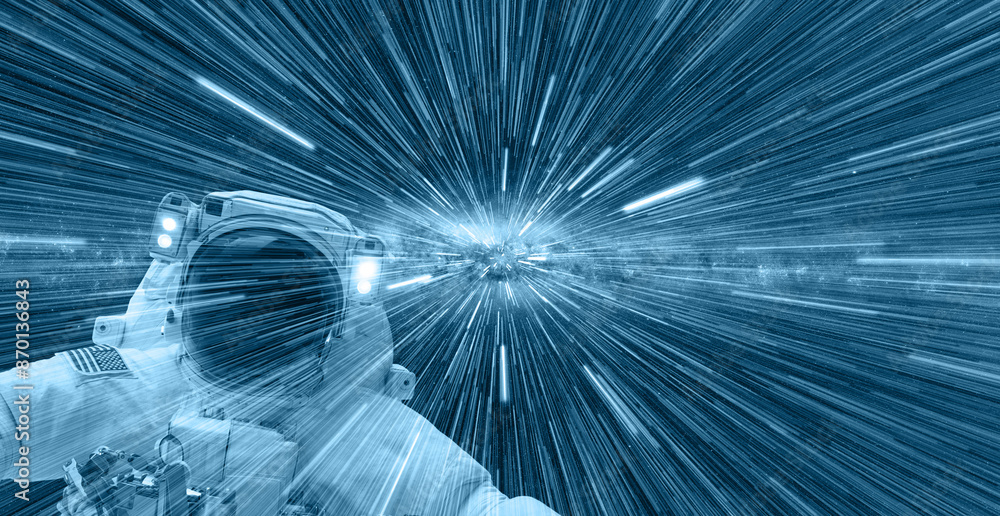 Leinwandbilder An astronaut watching  Hyperspace jump milky way galaxy in the background - Space Travelling in the Speed of Light - Abstract light with fibre-optic. 